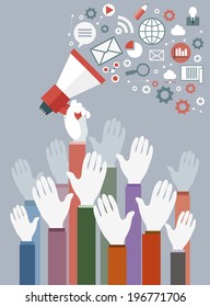 Digital marketing concept. Human hand with a megaphone surrounded by media icons