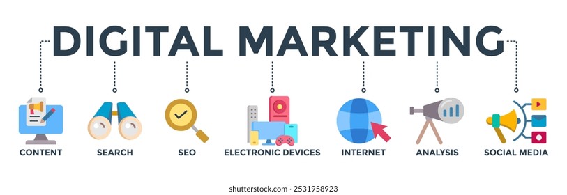 Digital marketing concept with icon of content, search, seo, electronic devices, internet, analysis and social media. Banner web icon vector illustration
