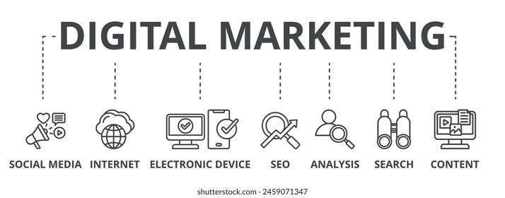 Icon-Illustration des digitalen Marketingkonzepts enthält soziale Medien, Internet, elektronisches Gerät, SEO, Analyse, Suche und Inhalte.