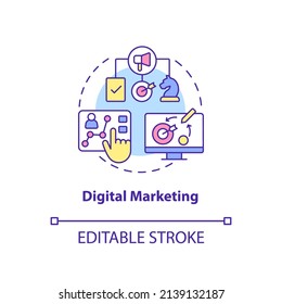 Digital marketing concept icon. Products and service promotion. Major digital skills abstract idea thin line illustration. Isolated outline drawing. Editable stroke. Arial, Myriad Pro-Bold fonts used