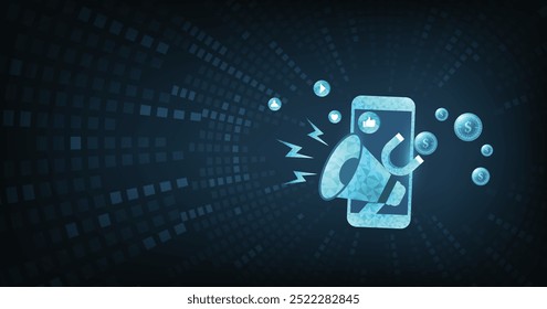 Digital marketing concept. Illustration of 3D blue megaphone on mobile phone with lightning and magnet. Loudspeaker for sales, caution alert, information advertisement