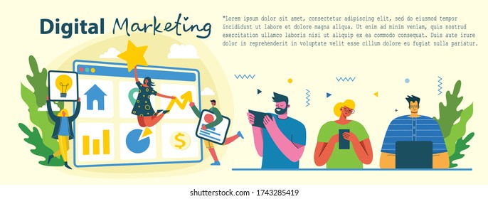 Digitales Marketing Konzept Illustration in modernem flachen und sauberen Design. Männer und Frauen benutzen Laptop und Tablet, suchen und fördern. Landing Page, Single Page Applikation für Webentwicklung, Design.