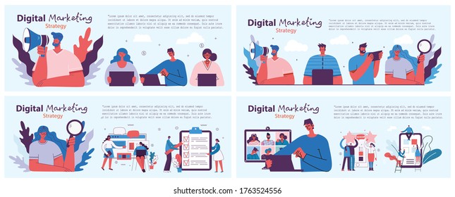 Digital marketing concept illustration in modern flat and clean design. Men and women use laptop and tablet, searching and promoting. Landing page, single page application for web development, design.