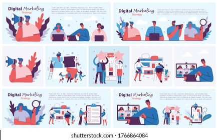 Ilustración del concepto de marketing digital en diseño moderno plano y limpio. Hombres y mujeres usan laptops y tablets, buscando y promocionando. Página de inicio, aplicación de página única para desarrollo web, diseño.