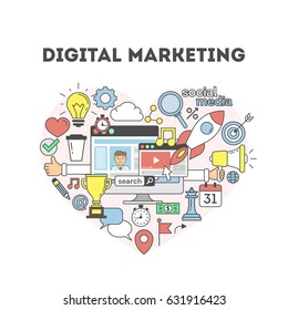 Digital marketing concept illustration on white background.