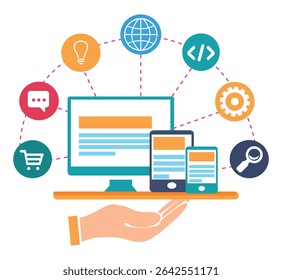 Digital Marketing Concept Illustration. This diagram is perfect for clipart, stickers, posters and presentations. High-quality Digital Marketing Overview, Online Business, Technology Icons.