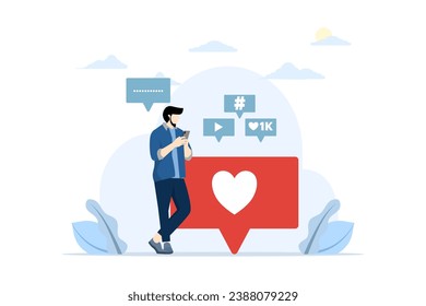 Digital marketing concept. Increasing your social media followers with successful marketing strategies, people liking and reacting to social media profiles, flat vector illustration.