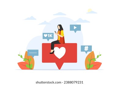 Digital marketing concept. Increasing your social media followers with successful marketing strategies, people liking and reacting to social media profiles, flat vector illustration.