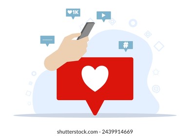 Digital marketing concept. Increasing your social media followers with successful marketing strategies, people liking and reacting to social media profiles, flat vector illustration.