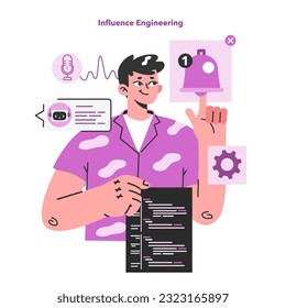 Digital marketing concept. Influence engineering. Automated algorithm development. AI-based marketing tools for social media promotion. Flat vector illustration