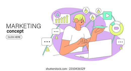Digital marketing concept for internet, web banner and app design and development, seo, social network. Business marketing, strategy, planning, digital advertising, social media and communication.