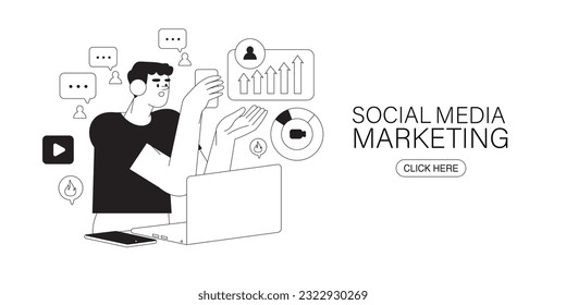 Digital marketing concept for internet, web banner and app design and development, seo, social network. Business marketing, strategy, planning, digital advertising, social media and communication.