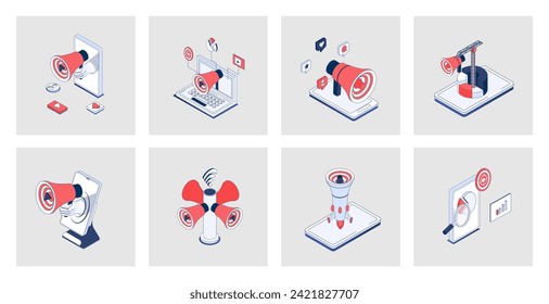 Digital marketing concept of isometric icons in 3d isometry design for web. Online promotion and advertising target, business communication with customers, viral promo content. Vector illustration