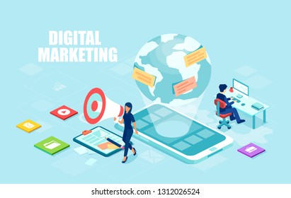 Digital marketing concept. Isometric modern vector of business analysis, content strategy and management for website banner.