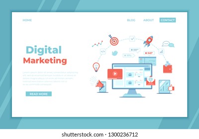 Digital Marketing concept. Landing page template. Business analysis, targeting, management. Social network and media communication. SEO, SEM. Vector illustration. 