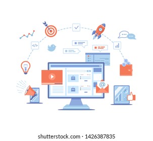 Digital Marketing concept. Landing page template. Business analysis, targeting, management. Social network and media communication. SEO, SEM. Vector illustration on white background.