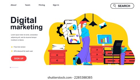 Digital marketing concept for landing page template. Marketer analyzes data, makes ads in mobile app. Online promotion people scene. Vector illustration with flat character design for web banner