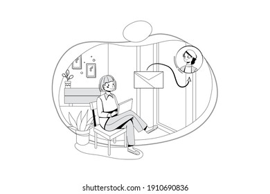 Digital Marketing concept. Male employee sending marketing mail. Flat illustration isolated on white background.