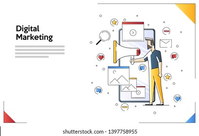 Digital marketing concept. Male holding a loudspeaker. Web banner illustration with tiny people and giant smartphone. Flat line art vector illustration isolated on white background.
