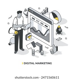 Digital marketing concept. Man with laptop and megaphone analyzes chart, showing campaign preparation and strategy development through data analysis. Isometric linear illustration