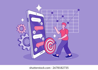 Concepto de marketing digital. Un marketer logra un objetivo, golpeando a un público objetivo con una estrategia de chat móvil. Un gráfico en aumento muestra los datos y el crecimiento exitosos de la campaña. Ilustración vectorial.