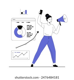 Digital marketing concept. Marketer analyzing graphs, charts and planning marketing strategy to achieve business goals. Vector illustration with line people for web design.	
