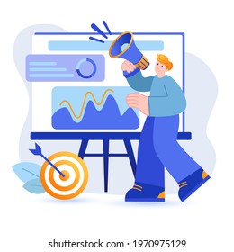 Digital marketing concept. Marketer with loudspeaker to attract new customers in social networks scene. Online advertising and promotion. Vector illustration with people character in flat design