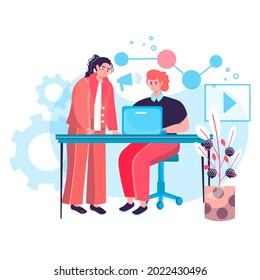 Concepto de marketing digital. El equipo de los comerciantes trabajando juntos en la oficina, crear contenido publicitario, promocionar en la escena de personajes de redes sociales. Ilustración de vectores en diseño plano con actividades de personas