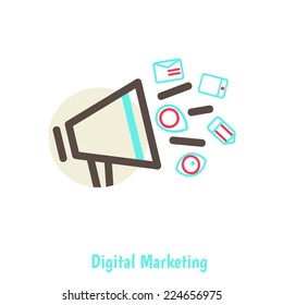 Digital marketing concept.  megaphone surrounded by media icons