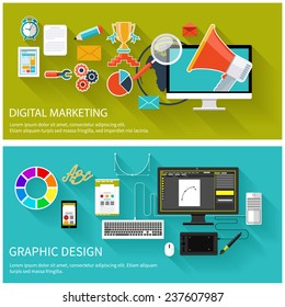 Digital marketing concept. Megaphone surrounded by media icons. Flat design megaphone with application icons. Design tools and software responsive web design on desktop monitor, tablet and smartphone