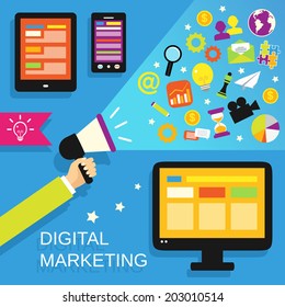 Digital marketing concept with mobile gadgets and business icons set vector illustration.