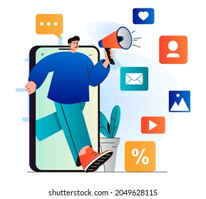 Concepto de marketing digital en diseño plano moderno. El hombre con megáfono atrae a nuevos clientes de redes sociales y aplicaciones móviles. Campaña de promoción y publicidad en línea. Ilustración del vector