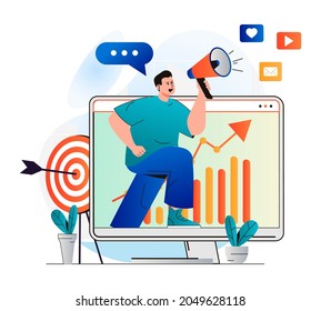 Digital marketing concept in modern flat design. Man with megaphone announcing and attracting new customers. Online promotion, targeting, data analysis and advertising campaign. Vector illustration