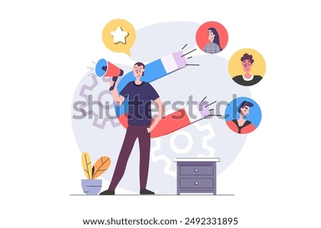 Digital marketing concept in modern flat design for web. Man with megaphone and magnet attracting new followers and customers, promoting online, making advertising campaign. Vector illustration.