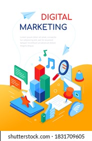 Digital marketing concept - modern isometric web banner with copy space for text. Social media, chatting online, networking idea. Colorful illustration with diagrams, thumb up, pin, email, magnifier