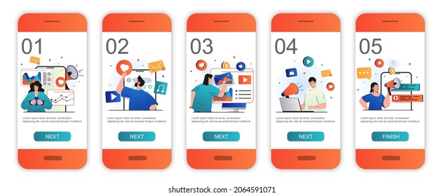 Digital marketing concept onboarding screens for mobile app templates. Advertising promotion. Modern UI, UX, GUI screens user interface kit with people scenes for web design. Vector illustration