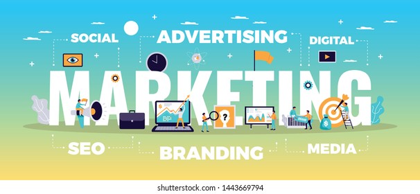 Digital marketing concept with online advertising and media symbols flat vector illustration