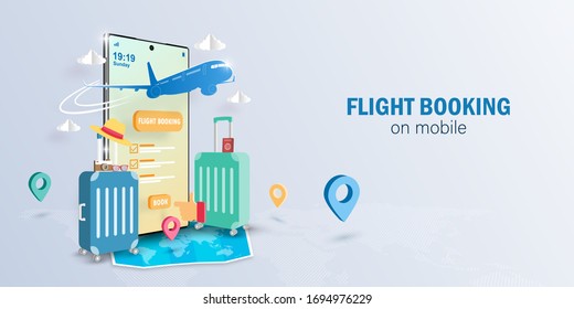 Digital marketing concept Online Flight Booking on Smartphone application, Banner background with copy space