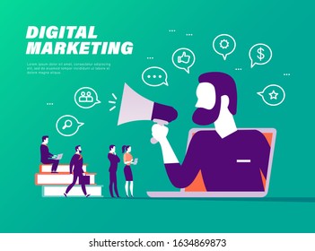 Digital marketing concept. People at laptop, man with megaphone metapgor. Chatting, communication, video, media, review icons. Vector flat illustration. 