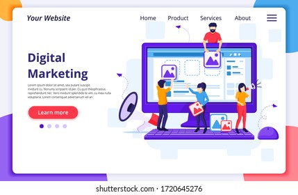 Digital Marketing concept, people are putting content on-screen to promote products online. Modern flat web page design for website and mobile development. Vector illustration