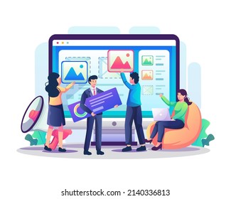 Digital Marketing Concept With People Putting Content Images Marketing To The Web Dashboard Screen. Search Engine Optimization, Promotion, Working Process, And Teamwork. Flat Style Vector Illustration