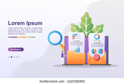 Digital marketing concept. People save and share marketing content to customer emails. Analyze and identify marketing results. Can use for web landing page, banner, mobile app. Vector Illustration
