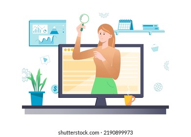 Digital marketing concept with people scene in flat cartoon style. Woman is looking for potential customers and consumers using digital technologies. Vector illustration.