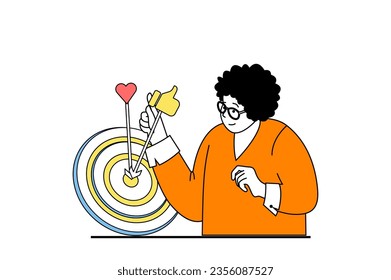 Digital marketing concept with people scene in flat web design. Woman making online advertising and achieving goals of targeting. Vector illustration for social media banner, marketing material.