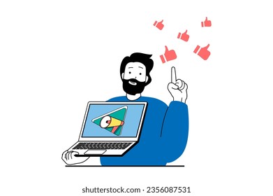 Digital marketing concept with people scene in flat web design. Man makes advertising campaign with megaphone and gets more followers. Vector illustration for social media banner, marketing material.