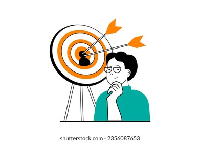 Digital marketing concept with people scene in flat web design. Man setting goals and attracting target audience, promoting business. Vector illustration for social media banner, marketing material.