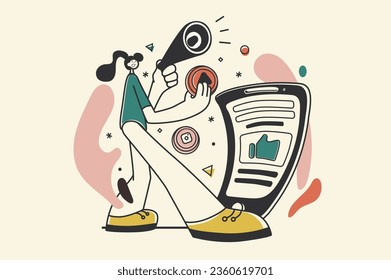 Digital marketing concept with people scene in flat retro design for web. Woman promoting online with viral video and advertising post. Vector illustration for social media banner, marketing material.