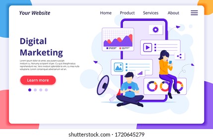 El concepto de marketing digital con la gente trabaja cerca de un smartphone gigante. Diseño moderno de páginas web planas para el desarrollo de sitios web y móviles. Ilustración del vector