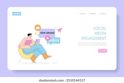 Digital marketing concept. Person engaging with social media content for brand promotion on a website banner. Online community interaction, vector illustration.