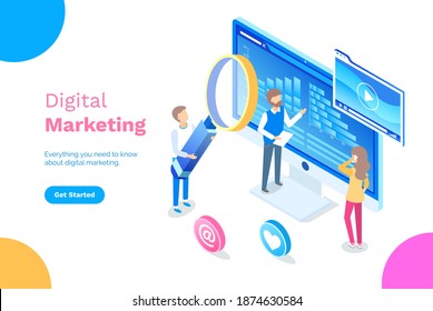 Digital marketing concept poster can use for web banner infographics, online training content. Social network and media communication landing page template. A team of specialists helps to build a plan